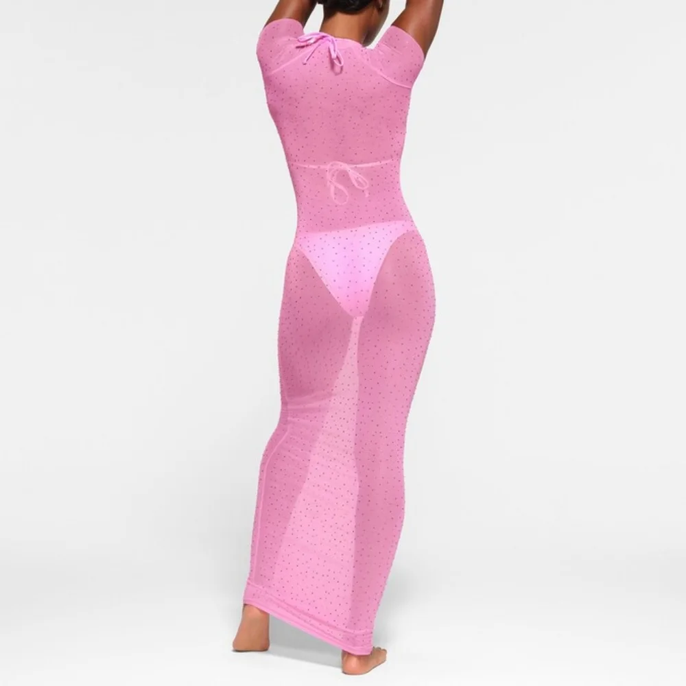 NWT SKIMS MESH RHINESTONE COVER UP LONG DRESS IN TAFFY